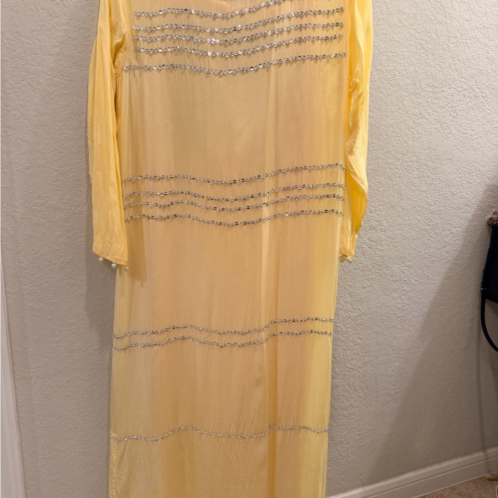 Lulusar’s Radiant Yellow Long Sleeve Dress with Silver Accents